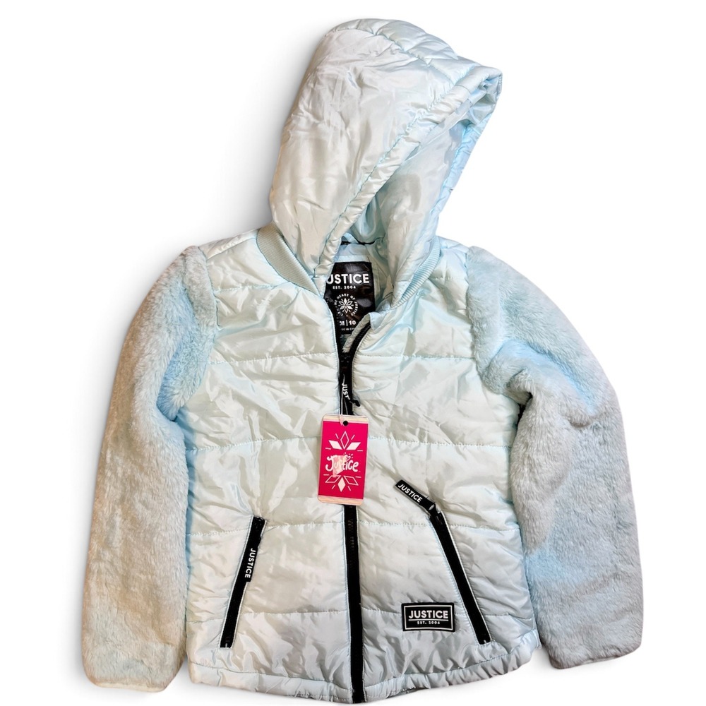 Justice Mixed Media Jacket Size 10 Aqua Breeze NWT Faux Fur Puffer Hooded 756987